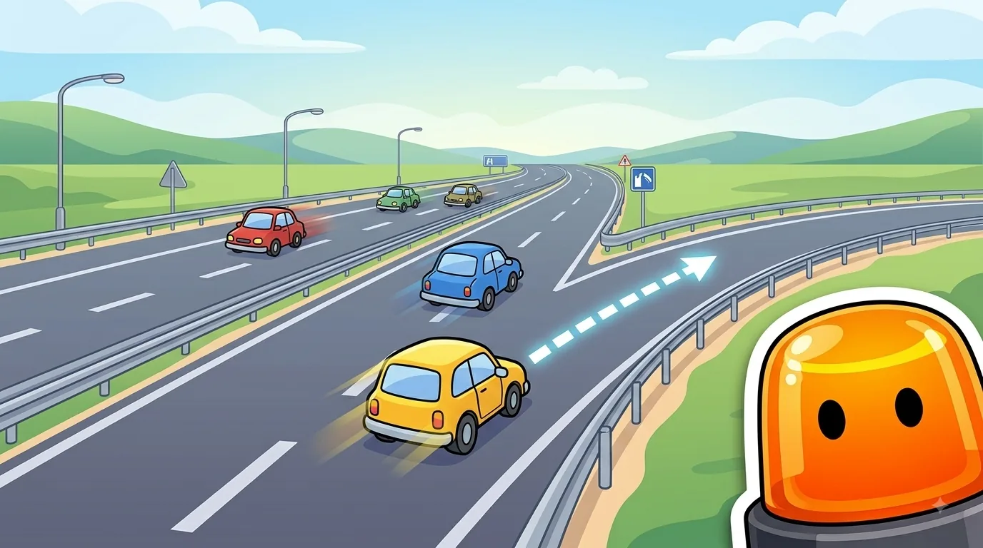 Bali junto a un coche incorporándose a la autopista por el carril de aceleración