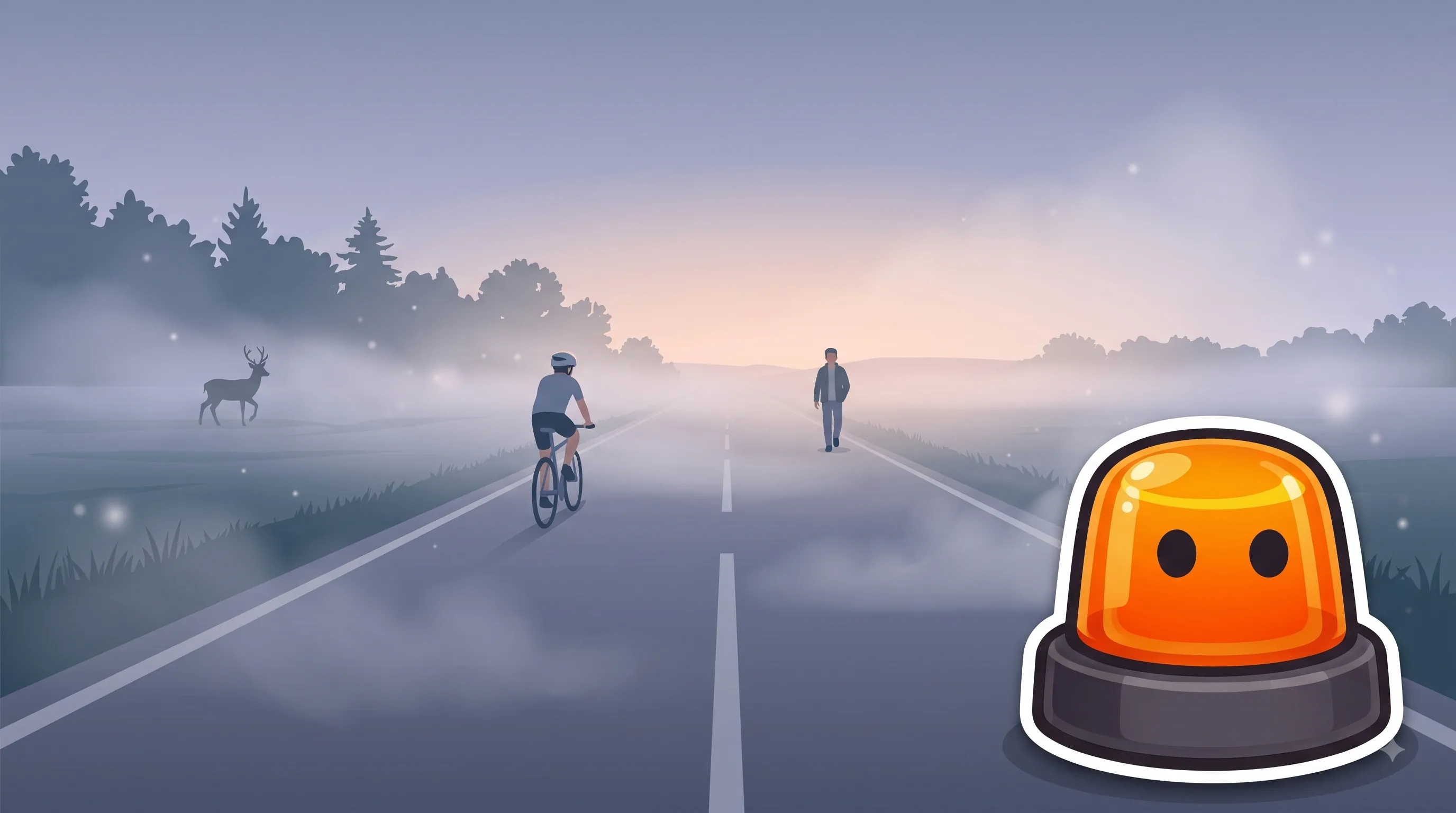 Bali junto a un ciclista, un peatón y un perro cruzando una carretera con niebla